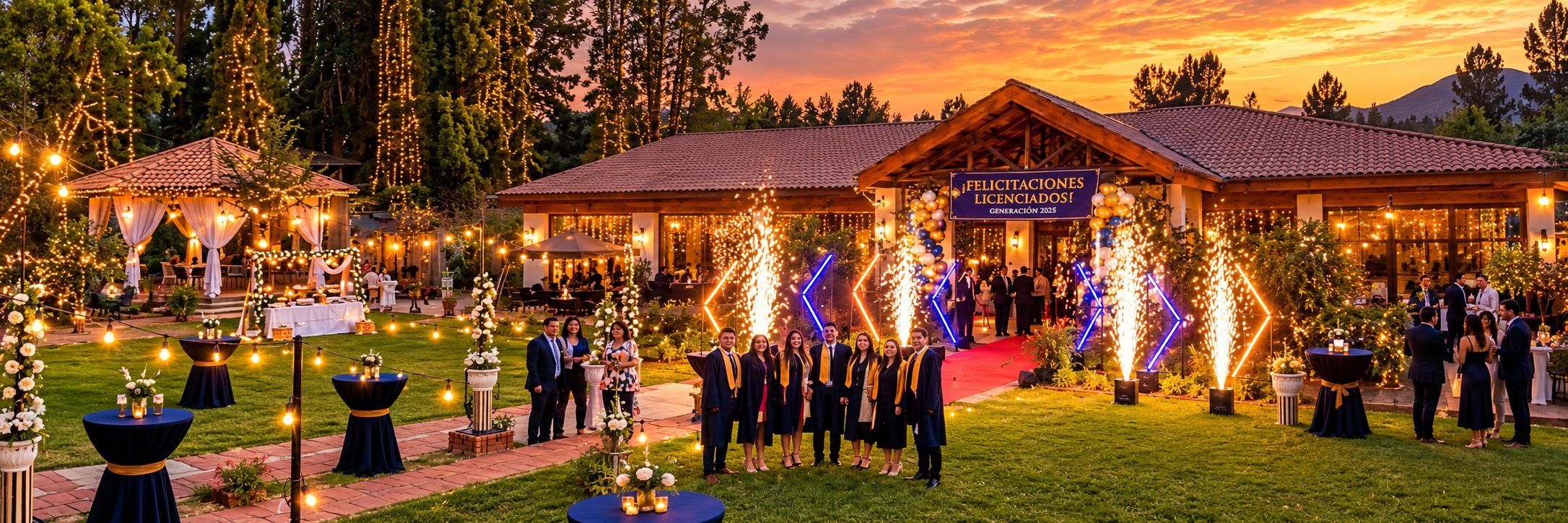 Jardines iluminados al atardecer durante una ceremonia de licenciatura